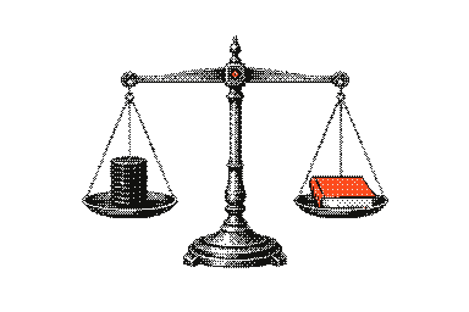 A centered two-ink balance scale weighing coins against an orange ledger