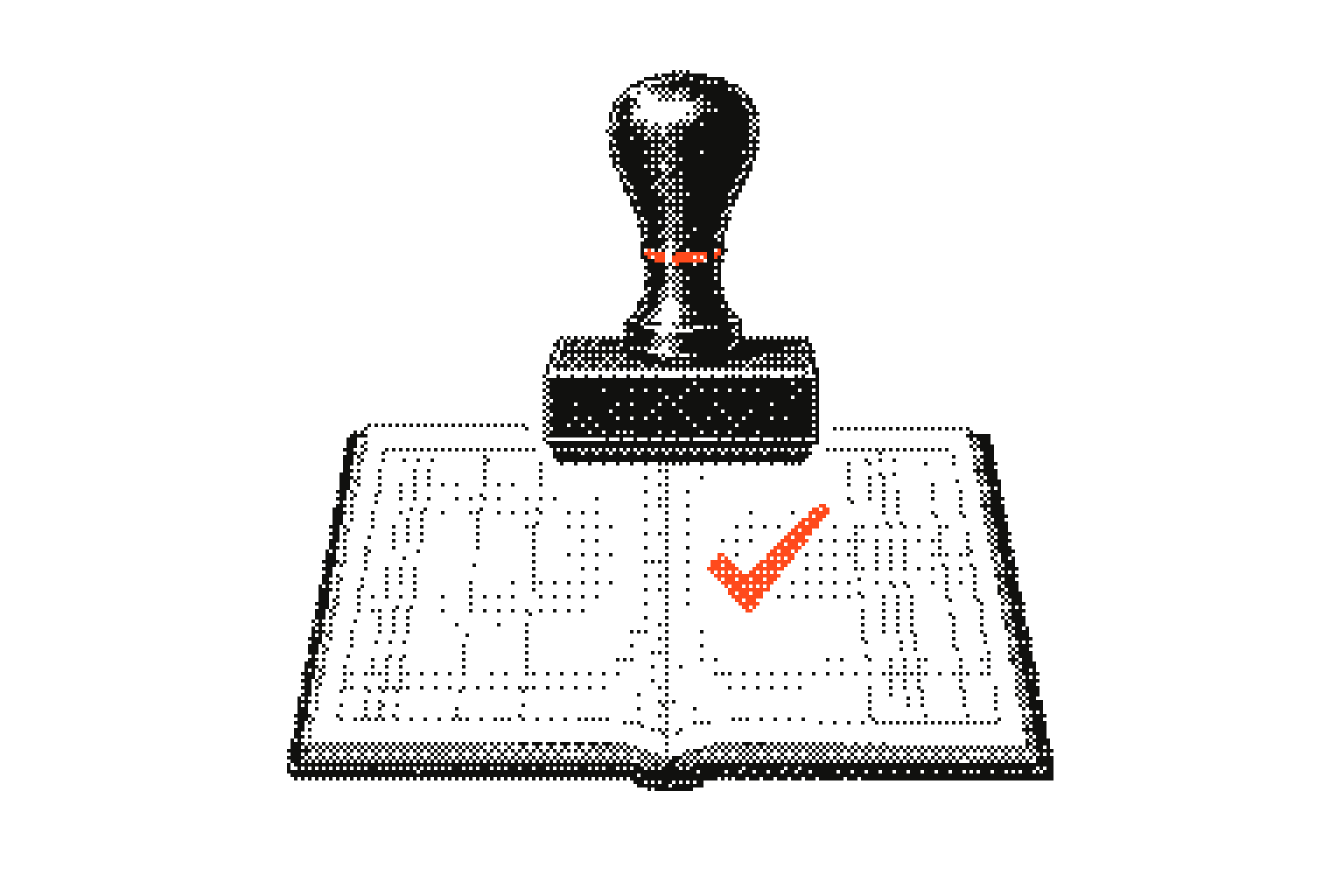 A centered two-ink audit stamp marking an orange check in a ruled journal
